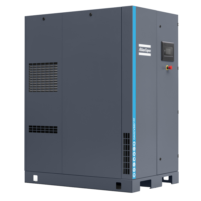 Atlas Copco GA 22 VSDs FF oil-injected screw compressor floor mount, featuring a sleek grey design with blue accents and a prominent control panel.